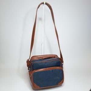 Vintage Navy Blue and Brown Faux Leather Camera Bag with Strap